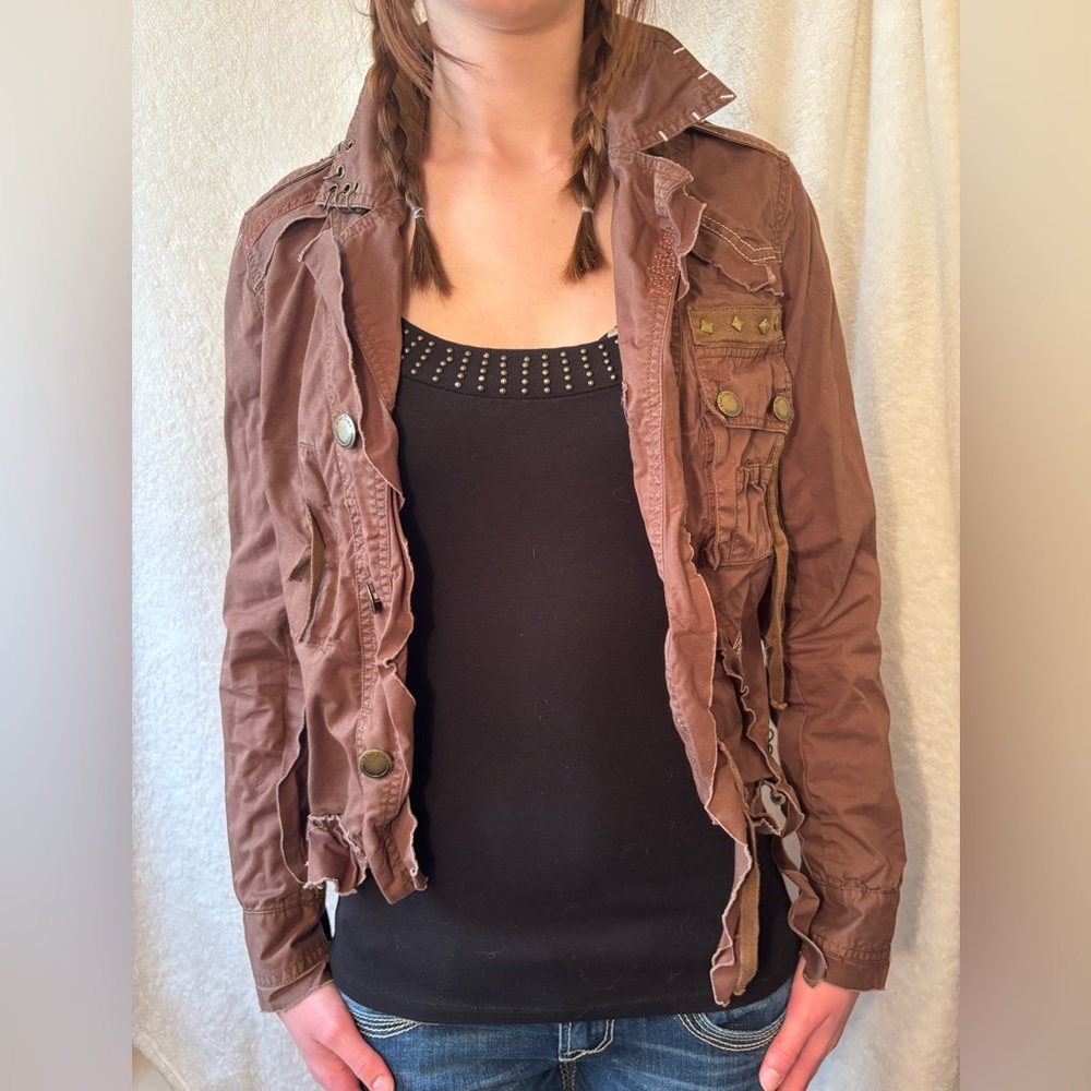 Vintage Y2K BLUE TIME Stud Detailing Women's Brown Corset Jacket SMALL S